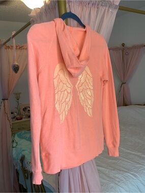 Victoria's Secret Coral Peach Hoodie with Gold Angel Wings 🪽 Y2K Vintage